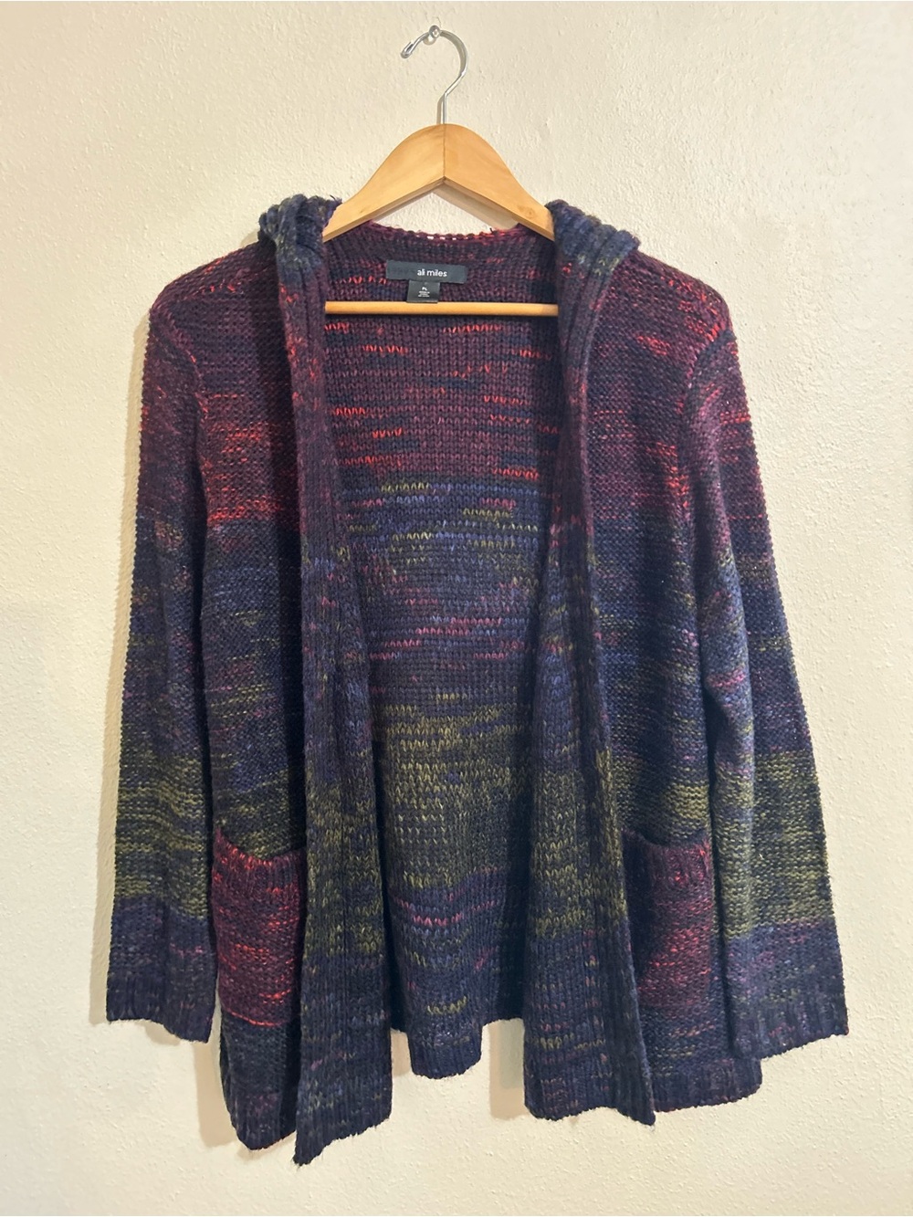 Ali Miles Multicolor Hooded Open-Front Knit Cardigan Boho Artsy LP